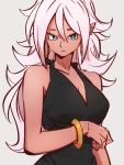  1girl alternate_costume android_21 black_dress blue_eyes bracelet breasts cleavage closed_mouth dragon_ball dragon_ball_fighterz dress earrings grey_background hoop_earrings jewelry kemachiku majin_android_21 pink_hair pointy_ears red_skin simple_background sleeveless sleeveless_dress solo white_hair 