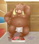  2019 anthro asian_clothing belly blush clothing east_asian_clothing fundoshi humanoid_hands japanese_clothing kemono male mammal moobs navel nipples overweight overweight_male scar solo suid suina sus_(pig) toshi_(artist) towel underwear wild_boar 