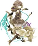  1girl absurdres bangs bare_shoulders boots bow_(weapon) brown_dress brown_footwear brown_gloves brown_hair brown_legwear commentary_request dress elbow_gloves eyebrows_visible_through_hair eyepatch gloves green_eyes gretel_(sinoalice) high_heel_boots high_heels highres holding holding_bow_(weapon) holding_weapon hood hood_down looking_at_viewer looking_to_the_side parted_lips short_hair simple_background sinoalice sleeveless sleeveless_dress smile solo spine thigh_boots thighhighs tsukiyo_(skymint) weapon white_background 