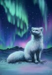  2019 ambiguous_gender arctic_fox aurora_borealis black_nose canid canine detailed_background fluffy fluffy_tail fox fur kippycube light lighting mammal mountain sky snow solo star starry_sky whiskers white_body white_fur 