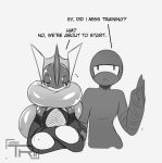  anthro crossed_arms dialogue duo english_text female fishnet_clothing greninja half-closed_eyes monochrome narrowed_eyes ninja nintendo pok&eacute;mon pok&eacute;mon_(species) teaspoon text video_games warrior 