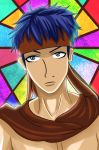  1boy blue_eyes blue_hair headband headset ike_(fire_emblem) male_focus scarf stained_glass 