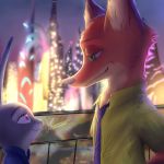  1:1 2020 anthro building canid canine city clothed clothing detailed_background disney duo eye_contact fox fur grey_body grey_fur head_tuft judy_hopps lagomorph leporid light lighting looking_at_another mammal necktie nick_wilde orange_body orange_fur outside purple_eyes rabbit red_fox shirt signature smile ssfallenangel topwear tuft zootopia 