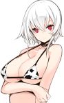 1girl animal_print bikini breasts choker cleavage cow_print highres looking_at_viewer original otokuyou red_eyes short_hair simple_background solo swimsuit white_background 