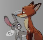  2020 brown_body brown_fur canid canine dialogue dipstick_ears disney duo english_text female feral feralized fox fur grey_background grey_body grey_fur judy_hopps lagomorph leporid male mammal multicolored_ears nick_wilde open_mouth open_smile qalcove rabbit red_fox simple_background smile speech_bubble text zootopia 