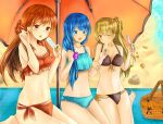  3girls absurdres beach beach_umbrella bikini blonde_hair blue_eyes blue_hair breasts food highres long_hair medium_breasts mosta_(lo1777789) multiple_girls navel orange_eyes orange_hair original picnic_basket popsicle side_ponytail swimsuit umbrella yellow_eyes 