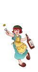  1other alternate_costume androgynous apron armpits bare_arms blue_dress blush_stickers bottle bottle_opener brown_slippers casual chikafumikou commentary_request cork dress frilled_apron frills full_body green_headscarf hair_between_eyes happy headscarf highres holding holding_bottle katano_sukune len'en long_dress looking_at_object open_mouth other_focus pocket red_eyes red_hair ribbon-trimmed_headwear ribbon_trim sake_bottle short_hair short_sleeves simple_background slippers smile solo standing tachi-e white_background wide_sleeves yellow_apron 