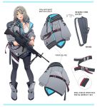  1girl character_sheet commentary_request daewoo_k3 ddal girls_frontline grey_eyes grey_hair gun highres jacket k3_(girls_frontline) korean_commentary korean_text long_hair machine_gun off-shoulder_jacket smile solo weapon 