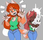  anthro belt bottomwear canid canine claws clothing dark_skin eyes_closed female feral fox fox_tail fur grey_background hair hug humanoid jeans lagomorph leporid mammal murninatair orange_body orange_fur pants rabbit red_hair simple_background sleeveless_shirt solo terraria were werecanid werecanine werefox zoologist_(terraria) 