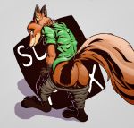  2018 anthro backsack balls borotamago butt canid canine clothed clothing disney ears_back fox fur genitals hi_res inner_ear_fluff light lighting male mammal nick_wilde orange_body orange_fur pants_down partially_clothed pivoted_ears red_fox smile solo tuft zootopia 