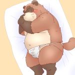  1:1 2019 anthro asian_clothing belly blush brown_body brown_fur canid canine clothing east_asian_clothing fundoshi fur japanese_clothing kemono lying male mammal overweight overweight_male raccoon_dog sleeping solo tanuki toshi_(artist) underwear 