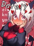  1girl absurdres black_horns blazer blush demon_girl demon_horns demon_tail english_text hands_on_own_face heart heart-shaped_pupils helltaker highres horns jacket long_sleeves modeus_(helltaker) red_background sweater symbol-shaped_pupils tab_head tail turtleneck turtleneck_sweater white_hair 