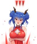  1girl acso arknights bangs bare_arms bare_shoulders blue_hair blush breast_hold breasts ch&#039;en_(arknights) china_dress chinese_clothes cleavage cleavage_cutout commentary_request double_bun dragon_horns dress eyebrows_visible_through_hair hair_between_eyes highres horns large_breasts long_hair looking_at_viewer nose_blush open_mouth red_dress red_eyes revision sidelocks simple_background sleeveless sleeveless_dress solo sweat twintails upper_body white_background 