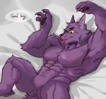  4_fingers abs anthro bed bernard_(ok_k.o.!_lbh) canid canine canis cartoon_network claws dialogue english_text eyebrows featureless_crotch fingers fur furniture hi_res lying male mammal muscular muscular_male nipples nude ok_k.o.!_let&#039;s_be_heroes on_back on_bed pawpads pecs purple_body purple_fur salga_0310 sharp_teeth solo speech_bubble teeth text tongue tongue_out wolf yellow_sclera 