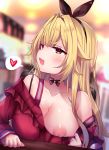  1girl black_hairband black_ribbon blonde_hair breasts choker collarbone eyebrows_visible_through_hair hairband heart highres hoshikawa_sara long_hair long_sleeves nijisanji nipples one_breast_out open_mouth red_eyes ribbon ribbon_choker shiki_(catbox230123) solo spoken_heart sweat upper_body virtual_youtuber 