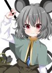  1girl :3 absurdres animal_ears basket blush capelet closed_mouth commentary dress grey_capelet grey_dress grey_hair highres long_sleeves looking_at_viewer mouse_ears mouse_girl mouse_tail nazrin short_hair simple_background tail touhou v-shaped_eyebrows white_background yuiki_(cube) 