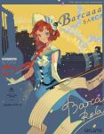  1girl absurdres asymmetrical_gloves banner barcarola_(reverse:1999) beamed_eighth_notes blue_border blue_eyes blue_shirt blue_skirt border bow_(music) braid character_name closed_mouth cruise_ship dixie_cup_hat eighth_note elbow_gloves gloves hair_over_shoulder hat highres holding holding_bow_(music) instrument long_hair looking_at_viewer military_hat musical_note musical_staff red_hair reverse:1999 sailor_collar ship shirt single_elbow_glove skirt sleeveless sleeveless_shirt smile solo star_(symbol) tita_(titanaaaaa) twin_braids uneven_gloves upper_body watercraft white_gloves white_hat yellow_background 