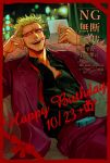  1boy 4444_(tetsuya) black_shirt blonde_hair bow city_lights coat dated donquixote_doflamingo earrings english_text gift happy_birthday holding holding_letter jacket jewelry letter lipstick_mark lipstick_mark_on_face male_focus necktie one_piece open_mouth pink_coat red_bow red_jacket red_necktie shirt short_hair smile solo sunglasses teeth upper_teeth_only 