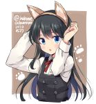  1girl animal_ears asashio_(kantai_collection) black_dress black_hair blue_eyes blush buttons cropped_torso dated dress fake_animal_ears hair_between_eyes kantai_collection long_hair long_sleeves neck_ribbon odawara_hakone open_mouth pinafore_dress red_ribbon remodel_(kantai_collection) ribbon shirt solo twitter_username white_shirt 