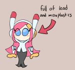  1girl arrow_(symbol) blue_eyes blush_stickers brown_background full_of_soup_(meme) gloves hair_ornament hairclip highres kirby_(series) martisno meme pink_hair rayman_limbs solo susie_(kirby) yellow_gloves 