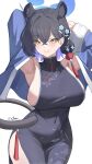  1girl absurdres animal_ears armpits arms_up black_dress black_hair blue_archive blue_halo blush breasts china_dress chinese_clothes closed_mouth colored_inner_hair covered_nipples dress extra_ears hair_between_eyes hair_bun hair_ornament halo highres kaguya_(blue_archive) kurochomo large_breasts lips looking_at_viewer multicolored_hair purple_hair sideboob simple_background single_hair_bun slit_pupils smile solo white_background yellow_eyes 