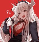  1girl :d absurdres alcohol bangs blush breasts cleavage crown cup drinking_glass gloves helltaker highres horns long_hair looking_at_viewer lucifer_(helltaker) mole mole_under_eye open_mouth red_eyes school_uniform seorang simple_background smile solo teeth white_gloves wine wine_glass 