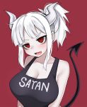  1girl breasts cleavage clothes_writing collarbone demon_girl demon_tail fangs helltaker horns large_breasts lucifer_(helltaker) mole mole_under_eye ompf open_mouth ponytail red_background red_eyes short_hair sidelocks simple_background solo tail upper_body white_hair white_horns 
