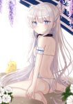  +_+ 1girl arm_scrunchie ass azur_lane back bare_shoulders bikini blue_eyes blush breasts double_bun eyebrows_visible_through_hair flower hair_between_eyes headphones le_malin_(azur_lane) le_malin_(wednesday&#039;s_retreat)_(azur_lane) long_hair looking_at_viewer manjuu_(azur_lane) nibosisuzu purple_flower ribbon scrunchie sidelocks silver_hair sitting small_breasts swimsuit symbol-shaped_pupils very_long_hair white_bikini white_flower white_scrunchie 