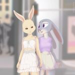  1:1 2020 albagretta anthro beastars belt blurred_background bottomwear clothed clothing disney duo_focus female fully_clothed fur grey_body grey_fur group hand_holding haru_(beastars) hi_res judy_hopps lagomorph leporid looking_at_another mammal purple_eyes rabbit silhouette skirt tan_body tan_fur zootopia 