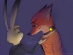  2020 4:3 anthro canid canine clothed clothing collar disney duo eye_contact fox fur green_eyes grey_body grey_fur judy_hopps lagomorph leporid looking_at_another mammal nick_wilde orange_body orange_fur purple_background rabbit red_fox shock_collar simple_background smile ssfallenangel zistopia zootopia 