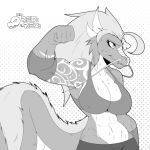  anthro big_breasts bodily_fluids breasts cleavage clothed clothing dragon female monochrome muscular muscular_female nipple_outline solo sweat teaspoon 