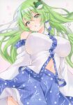  1girl bare_shoulders blue_skirt blush breasts covered_nipples detached_sleeves frog_hair_ornament from_behind gradient_background green_eyes green_hair hair_between_eyes hair_ornament highres kochiya_sanae large_breasts long_hair looking_at_viewer navel open_mouth pink_petals shirt skirt snake_hair_ornament solo touhou twitter_username watermark white_shirt yuiki_(cube) 