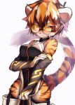  1girl absurdres animal_ears arknights bangs breasts bridal_gauntlets china_dress chinese_clothes dress furry glasses highres multicolored_hair pelvic_curtain round_eyewear simple_background streaked_hair tab_head tail tiger_ears tiger_girl tiger_stripes tiger_tail waai_fu_(arknights) 
