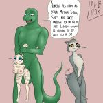  1:1 abdominal_bulge albinefox anthro beastars big_breasts breasts canid canine canis clothed clothing cuckold ear_pull english_text fan_character female from_behind_position fucked_silly girly gosha_(beastars) grandfather grandparent group hi_res hybrid komodo_dragon lagomorph legosimp_(albinefox) leporid lizard male male/female mammal monitor_lizard predator/prey rabbit reptile scalie sex simple_background size_difference skimpy smile spanking tattoo text whoru_(albinefox) wolf 