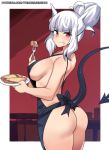  1girl :t apron artist_name ass bangs bare_shoulders black_apron black_bow blunt_bangs blush border bow breasts closed_mouth cowboy_shot demon_girl demon_horns demon_tail eating eyebrows_visible_through_hair fork from_behind hair_bun helltaker highres hinghoi holding holding_fork holding_plate horns large_breasts long_hair looking_at_viewer looking_back lucifer_(helltaker) mole mole_under_eye naked_apron outside_border plate sideboob sidelocks smile solo tail watermark web_address white_border 