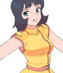  1girl belt black_hair blue_eyes breasts dress eyelashes fa_yuiry gan2 gundam highres medium_breasts pink_belt short_hair sideways_glance simple_background sleeveless sleeveless_dress smile solo white_background yellow_dress zeta_gundam 