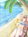  1girl arm_up armpits beach beach_chair bikini blue_bikini breasts brown_hair day drink drinking flower hair_flower hair_ornament long_hair looking_at_viewer medium_breasts mosta_(lo1777789) navel original palm_tree purple_eyes solo swimsuit tree 