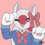  1girl animal_ears bell blue_jacket cat_ears cat_tail commentary countryhumans english_commentary fangs happy highres jacket japan_(countryhumans) looking_at_viewer nnyes one_eye_closed open_mouth paws pink_background red_eyes red_ribbon ribbon signature simple_background smile solo tail teeth thick_eyebrows tongue white_skin 