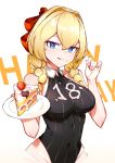  +_+ 1girl :q absurdres background_text bangs bare_arms bare_shoulders black_leotard blonde_hair blue_eyes bow braid breasts cake character_request choumi_wuti_(xueye_fanmang_zhong) closed_mouth collared_leotard commentary_request covered_navel eyebrows_behind_hair food food_on_face fruit hair_between_eyes hair_bow hair_over_shoulder happy_birthday highres holding holding_plate leotard long_hair looking_at_viewer low_twintails medium_breasts plate red_bow simple_background slice_of_cake smile solo strawberry striped tongue tongue_out twin_braids twintails vertical-striped_leotard vertical_stripes virtual_youtuber virtuareal white_background 
