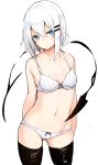  1girl black_legwear blue_eyes blush bra hair_between_eyes hair_ornament hairclip highres looking_at_viewer navel original otokuyou panties ringo-chan_(otokuyou) short_hair simple_background solo thighhighs underwear underwear_only white_background white_bra white_hair white_panties 