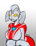  big_breasts breasts female hi_res machine mother_of_ultra not_furry open_mouth open_smile robot simple_background smile solo teaspoon ultraman_(series) yellow_eyes 