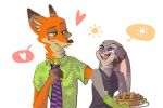  2020 absurd_res anthro buckteeth canid canine clothed clothing disney duo eye_contact female food fox fur gloves grey_body grey_fur handwear havatoast hi_res holding_plate inner_ear_fluff judy_hopps lagomorph leporid looking_at_another male mammal neck_tuft necktie nick_wilde open_mouth open_smile orange_body orange_fur pie rabbit red_fox shirt simple_background smile teeth topwear tuft white_background zootopia 