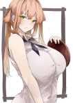  1girl absurdres bare_arms blouse blush breasts brown_hair collared_blouse from_side girls_frontline green_eyes grin highres holding holding_plate huge_breasts kyoyakyo looking_at_viewer m1903_springfield_(girls_frontline) parted_lips plate sidelocks simple_background smile solo tied_hair upper_body white_background white_blouse 