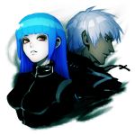  1boy 1girl absurdres bangs blue_hair bodysuit breasts cross cross_necklace dark_skin highres jewelry k&#039; kula_diamond long_hair looking_at_viewer medium_breasts necklace purple_eyes simple_background the_king_of_fighters white_background white_hair 