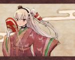  1girl alternate_costume amatsukaze_(kantai_collection) animal_print bird_print black_choker blush brown_eyes choker eyebrows_visible_through_hair fan gloves hair_tubes holding holding_fan japanese_clothes kantai_collection kimono long_hair long_sleeves looking_at_viewer silver_hair single_glove smile smokestack_hair_ornament solo thighhighs two_side_up white_gloves wide_sleeves wss_(nicoseiga19993411) 