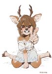  2020 absurd_res antlers bandage blush brown_body brown_eyes brown_fur brown_hair cervid clothed clothing cloven_hooves crossdressing dress fur gesture girly gloves_(marking) hair hi_res hooves horn kkyattyu kneeling leg_markings looking_at_viewer male mammal markings multicolored_body multicolored_fur simple_background smile socks_(marking) two_tone_body two_tone_fur v_sign white_background white_body white_fur 