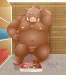  2019 anthro balls belly blush brown_body brown_fur fur genitals humanoid_hands kemono male mammal moobs navel nipples overweight overweight_male scar solo suid suina sus_(pig) toshi_(artist) wild_boar 