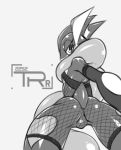  anthro anus barely_visible_anus butt female fishnet_clothing greninja half-closed_eyes looking_back monochrome narrowed_eyes nintendo pok&eacute;mon pok&eacute;mon_(species) solo teaspoon video_games 