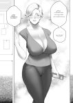  1girl absurdres bangs blush breasts cleavage collarbone denim doorway ear_piercing english_text greyscale highres holding holding_phone large_breasts looking_at_viewer mature monochrome original pants parted_bangs phone piercing short_hair short_sleeves smile standing thejnsdh 