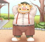  2019 anthro blush bottomwear clothing detailed_background domestic_pig eyes_closed hat headgear headwear kemono male mammal outside overweight overweight_male pants shirt solo suid suina sus_(pig) topwear toshi_(artist) 